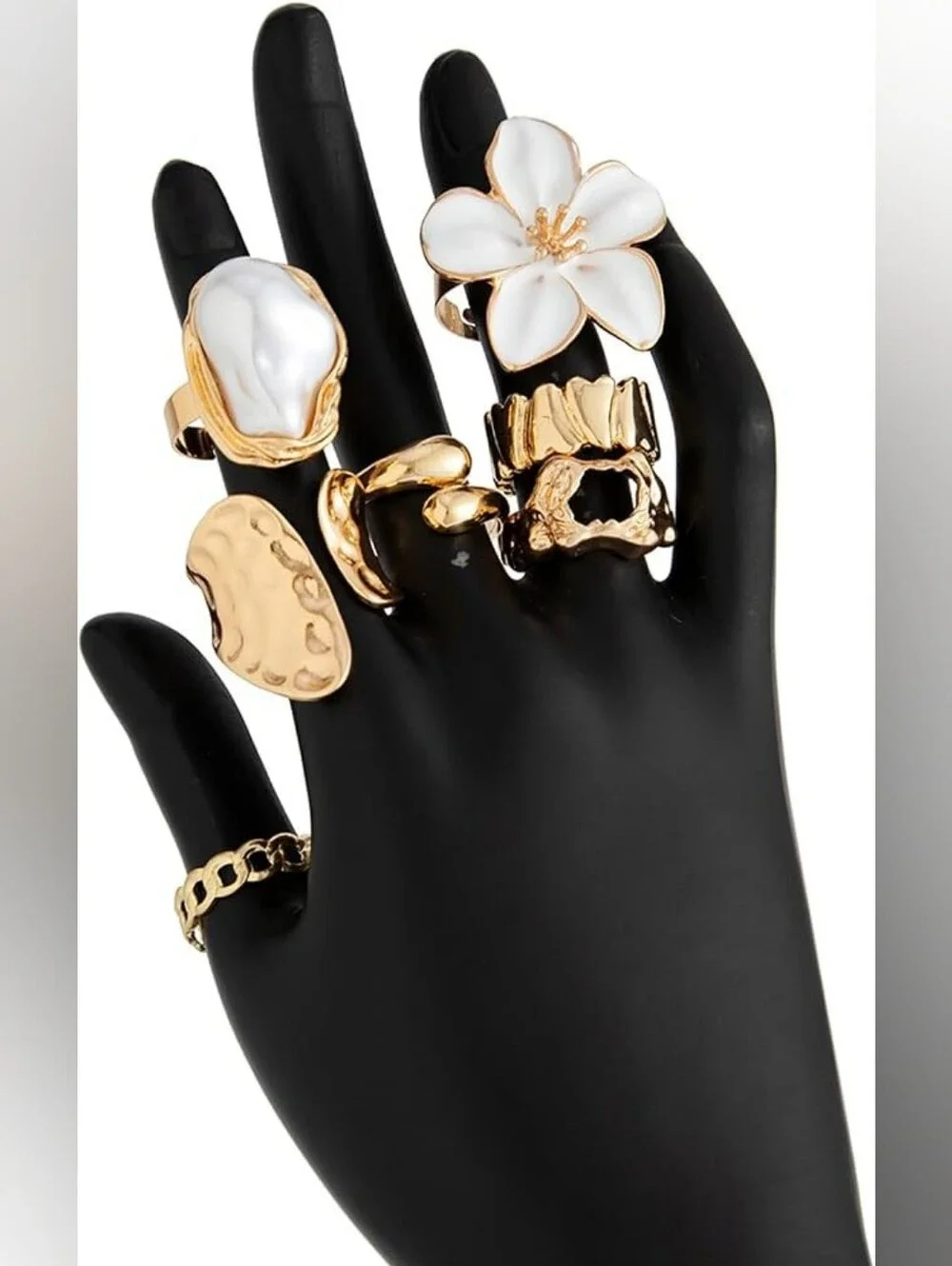 Chunky Statement Gold Rings Set Vintage Stackable Flower Baroque Pearl